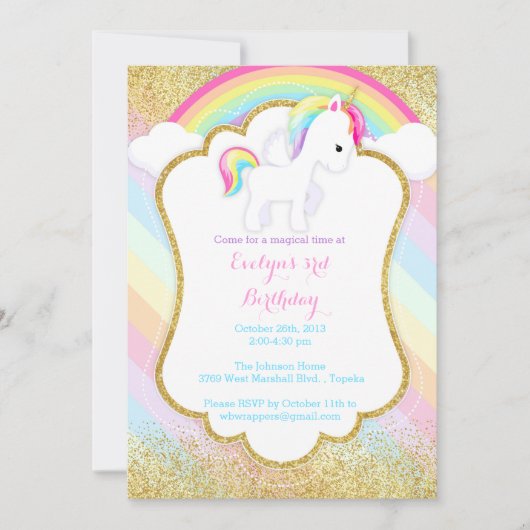 ユニコーンバースデーパーティーの招待状 – Pastel Rainbow 招待状 (正面)