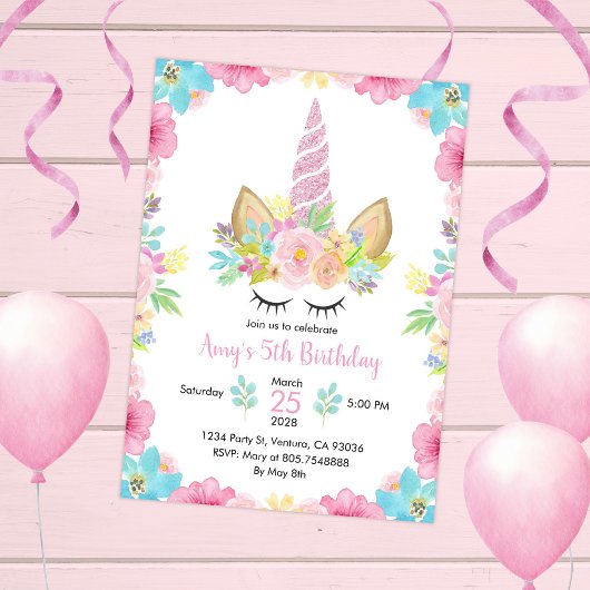 ユニコーンバースデーパーティーウォーターカラーフローラマジカル 招待状