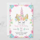 ユニコーンバースデーパーティーウォーターカラーフローラマジカル 招待状 (正面)