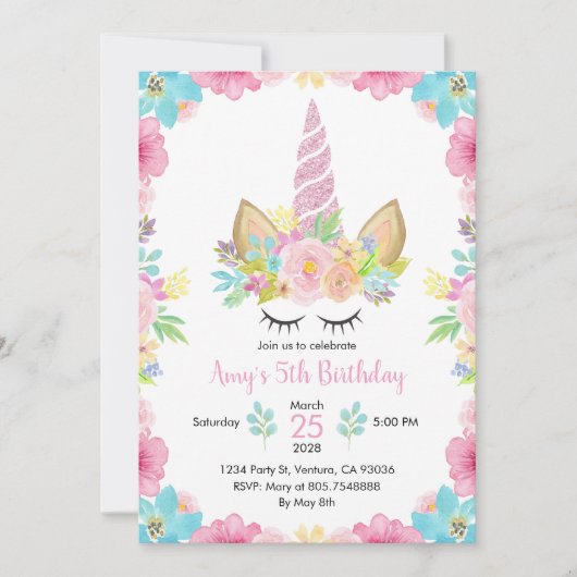 ユニコーンバースデーパーティーウォーターカラーフローラマジカル 招待状 (正面)