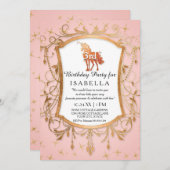 ユニコーンバースデーパーティーガールプリンセスバラ金ゴールド 招待状 (正面/裏面)