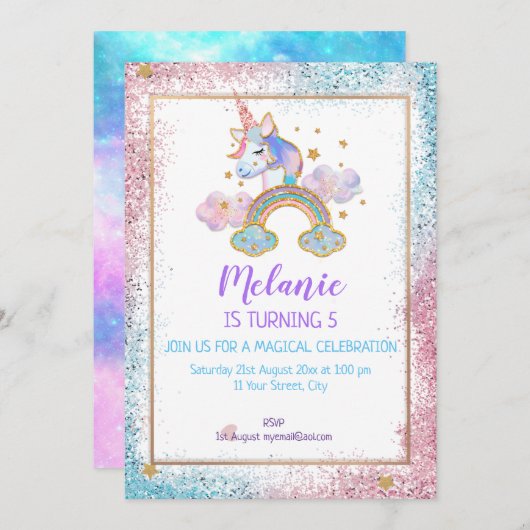 ユニコーンバースデーパーティーガール招待状 招待状 (正面/裏面)