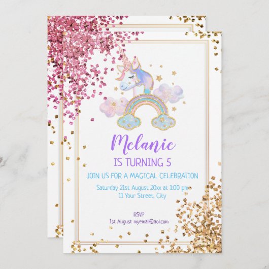 ユニコーンバースデーパーティーガール招待状 招待状 (正面/裏面)