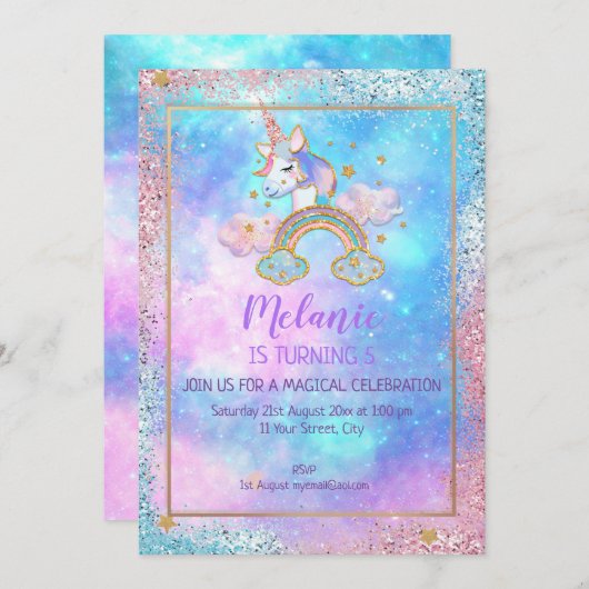 ユニコーンバースデーパーティーガール招待状 招待状 (正面/裏面)