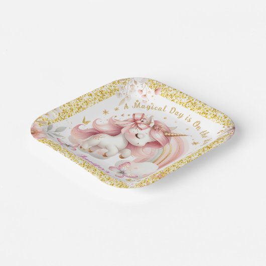 ユニコーンバースデーパーティーガール赤面ピンク&金ゴールド ペーパープレート (傾斜あり)