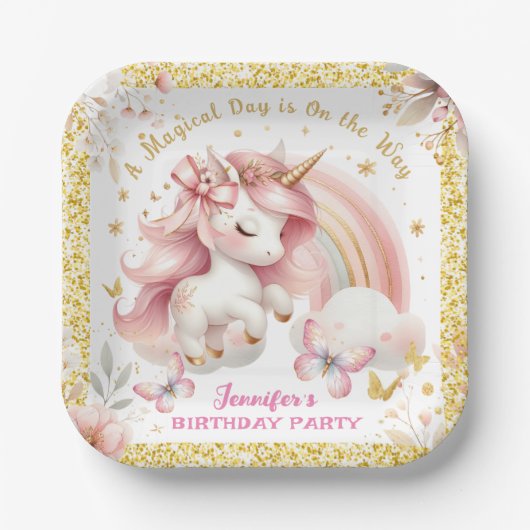 ユニコーンバースデーパーティーガール赤面ピンク&金ゴールド ペーパープレート (正面)