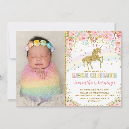 ユニコーンバースデーパーティーピンクローズ 招待状 (正面)