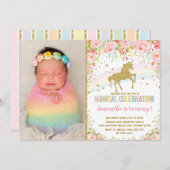 ユニコーンバースデーパーティーピンクローズ 招待状 (正面/裏面)