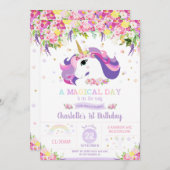 ユニコーンバースデーパーティーフローラお洒落ガール 招待状 (正面/裏面)
