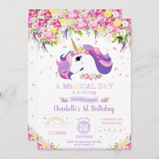 ユニコーンバースデーパーティーフローラお洒落ガール 招待状 (正面/裏面)