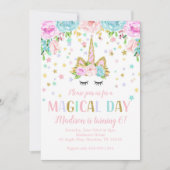 ユニコーンバースデーパーティー金ゴールドグリッターフラワーズスターズ 招待状 (正面)