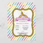 ユニコーンバースデーパーティー金ゴールドグリッターレインボー招待状 招待状 (正面/裏面)