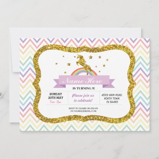 ユニコーンバースデーパーティー金ゴールドグリッターレインボー招待状 招待状 (正面)