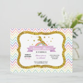 ユニコーンバースデーパーティー金ゴールドグリッターレインボー招待状 招待状 (スタンド正面)