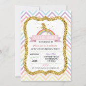 ユニコーンバースデーパーティー金ゴールドグリッターレインボー 招待状 (正面)