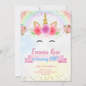 ユニコーンバースデーパーティー金ゴールドグリッター 招待状 (正面)