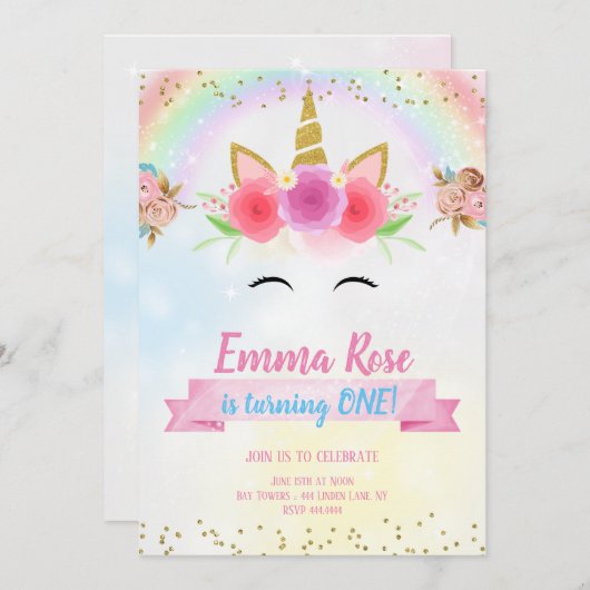 ユニコーンバースデーパーティー金ゴールドグリッター 招待状 (正面/裏面)