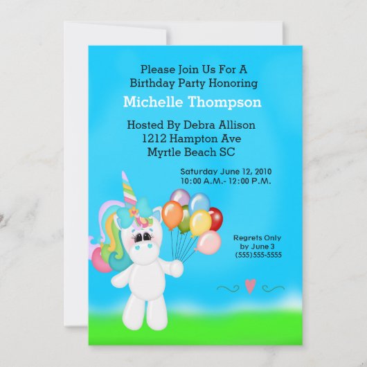 ユニコーンバースデーパーティ招待状 招待状 (正面)