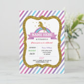 ユニコーンバースデーパーティ金ゴールドグリッターレインボー招待状 招待状 (スタンド正面)