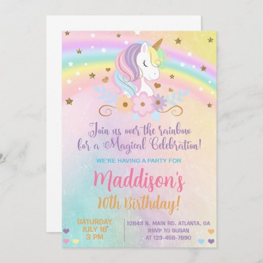 ユニコーンパステルカラーズガール誕生日招待状。 招待状 (正面/裏面)
