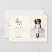 ユニコーンパステルピンクの女の子の誕生日パーティーの写真 サンキューカード (正面)