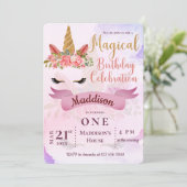 ユニコーンパステルフローラキッズファースト誕生日パーティー 招待状 (スタンド正面)