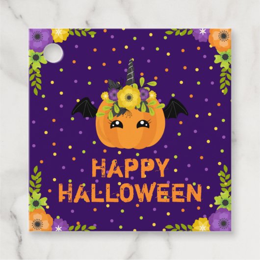 ユニコーンパンプキンハッピーハローウィンパープルメッセージカード フェイバータグ (正面)