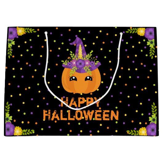 ユニコーンパンプキンハッピーハローウィンブラックラージギフトB ラージペーパーバッグ (正面)