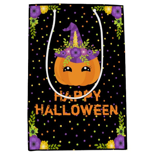 ユニコーンパンプキンフローラハッピーハローウィンブラックメディウ ミディアムペーパーバッグ (正面)