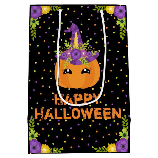 ユニコーンパンプキンフローラハッピーハローウィンブラックメディウ ミディアムペーパーバッグ (裏面)