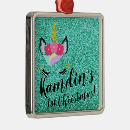 ユニコーンパーソナライズされたティール(緑がかった色)グリッタークリスマスオーナメント メタルオーナメント (右)