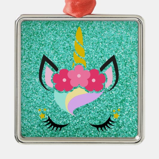 ユニコーンパーソナライズされたティール(緑がかった色)グリッタークリスマスオーナメント メタルオーナメント (正面)