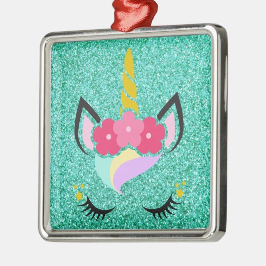 ユニコーンパーソナライズされたティール(緑がかった色)グリッタークリスマスオーナメント メタルオーナメント (左)