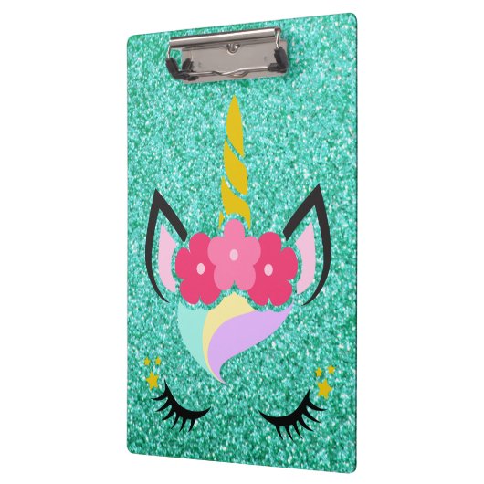 ユニコーンパーソナライズされたティール(緑がかった色)グリッタークリップボード クリップボード (左)