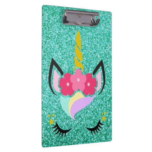 ユニコーンパーソナライズされたティール(緑がかった色)グリッタークリップボード クリップボード (右)