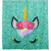 ユニコーンパーソナライズされたティール(緑がかった色)グリッターシャワーカーテン シャワーカーテン (正面)