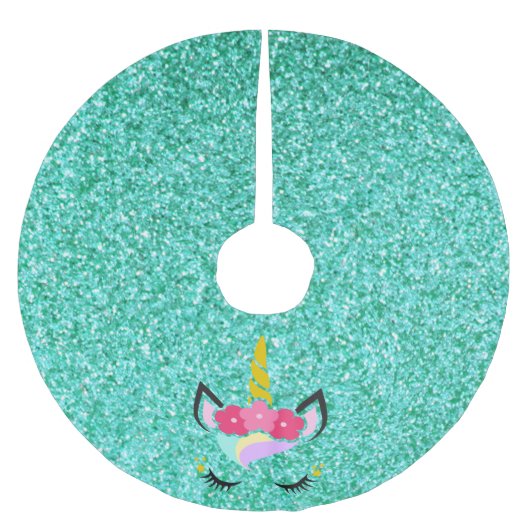 ユニコーンパーソナライズされたティール(緑がかった色)グリッターツリースカート ブラッシュドポリエステルツリースカート (正面)