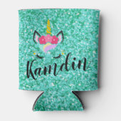 ユニコーンパーソナライズされたティール(緑がかった色)グリットクージー缶ホルダー 缶クーラー (正面)