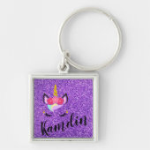 ユニコーンパーソナライズされたパープルグリッターキーチェーン キーホルダー (正面)