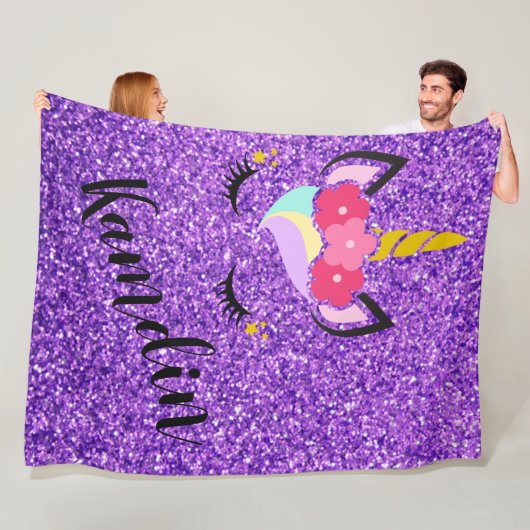 ユニコーンパーソナライズされたパープルグリッターフリーススロー フリースブランケット (インサイチュ)
