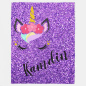 ユニコーンパーソナライズされたパープルグリッターフリーススロー フリースブランケット (正面)