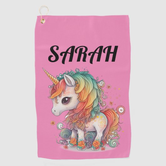 ユニコーンパーソナライズされたピンクゴルフタオル ゴルフタオル (正面)