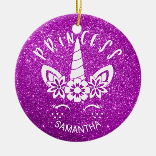 ユニコーンパーソナライズされたプリンセスクリスマス セラミックオーナメント (正面)