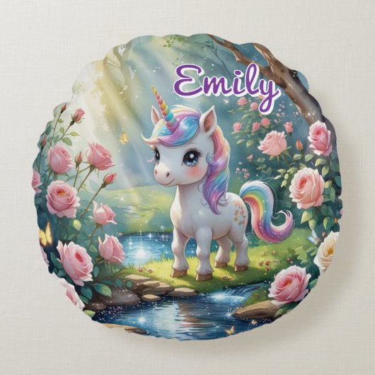 ユニコーンパーソナライズされた丸い枕 – バラ林 ラウンドクッション (正面)