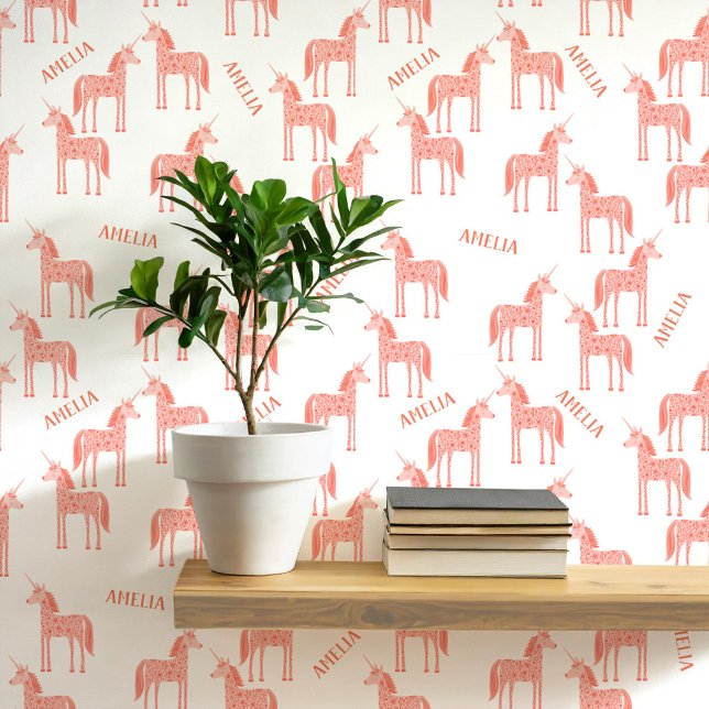 ユニコーンパーソナライズされた名ピンク 壁紙 (Personalized custom name pink unicorn peel and stick wallpaper for a nursery, baby or girl’s room)