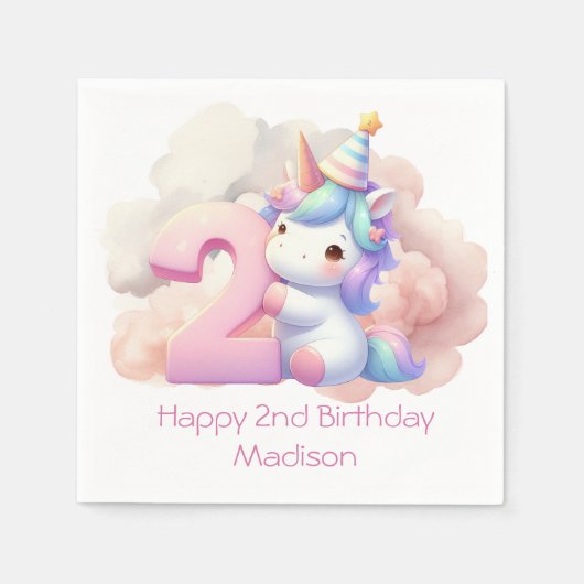 ユニコーンパーソナライズされた第2期女子誕生日 スタンダードカクテルナプキン (正面)