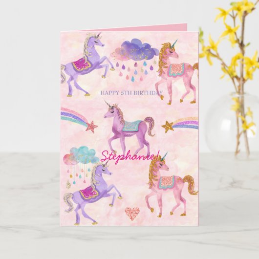 ユニコーンパーソナライズされた誕生日グリーティングカード カード (黄色い花)