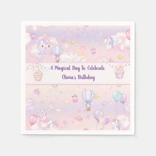 ユニコーンパーソナライズされた誕生日セルベトナプキンス スタンダードカクテルナプキン (正面)