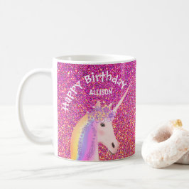 ユニコーンパーソナライズされた誕生日ピンクグリッター コーヒーマグカップ
