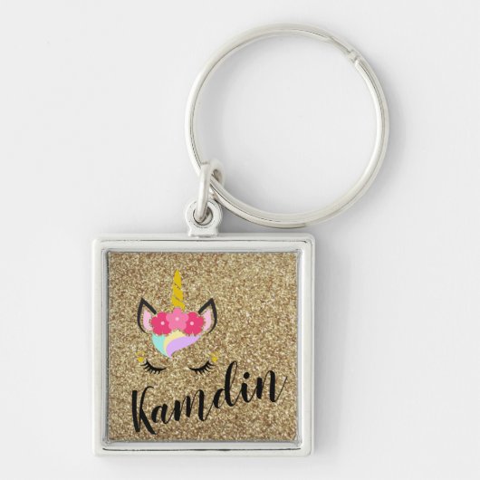 ユニコーンパーソナライズされた金ゴールドグリッターキーチェーン キーホルダー (正面)